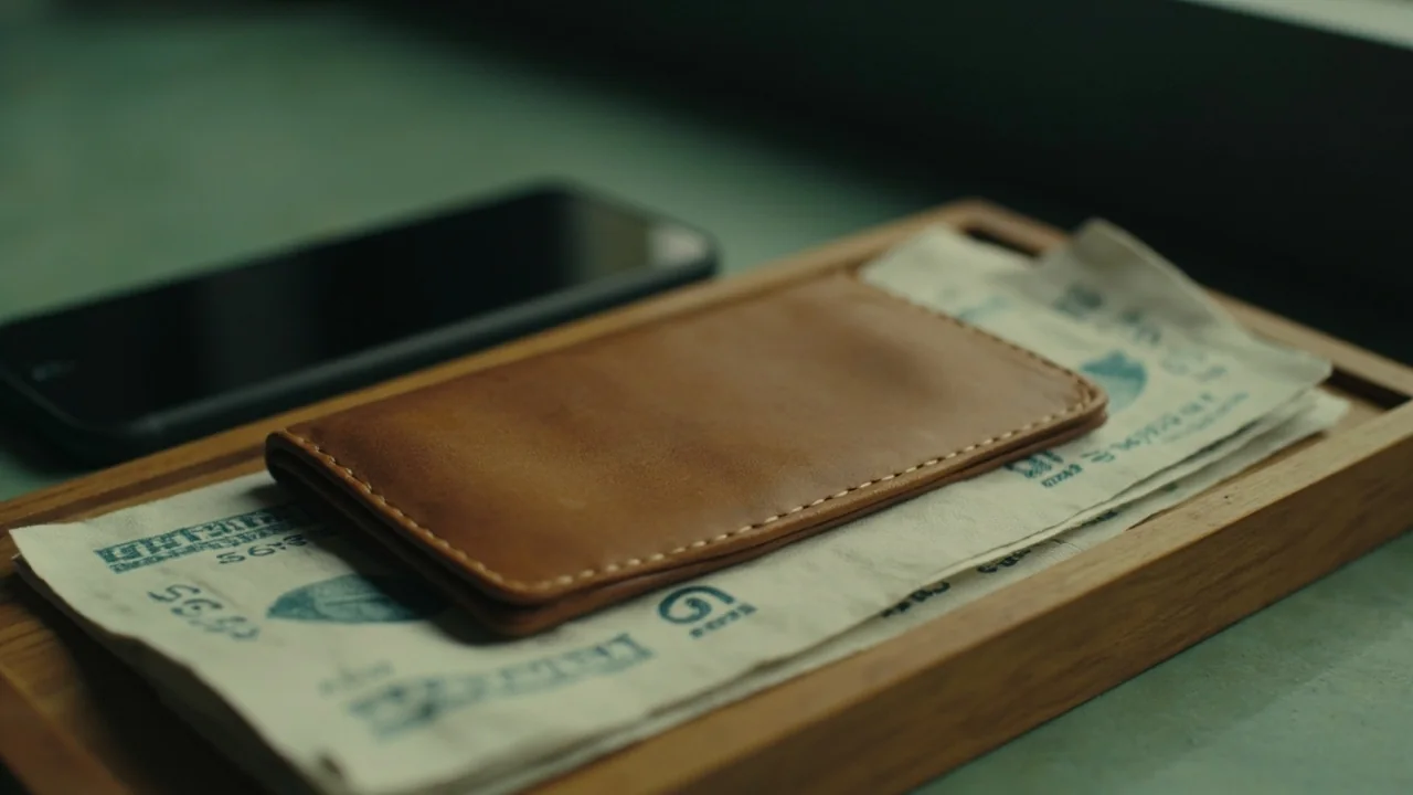 Closed wallet and covered folder on a desk