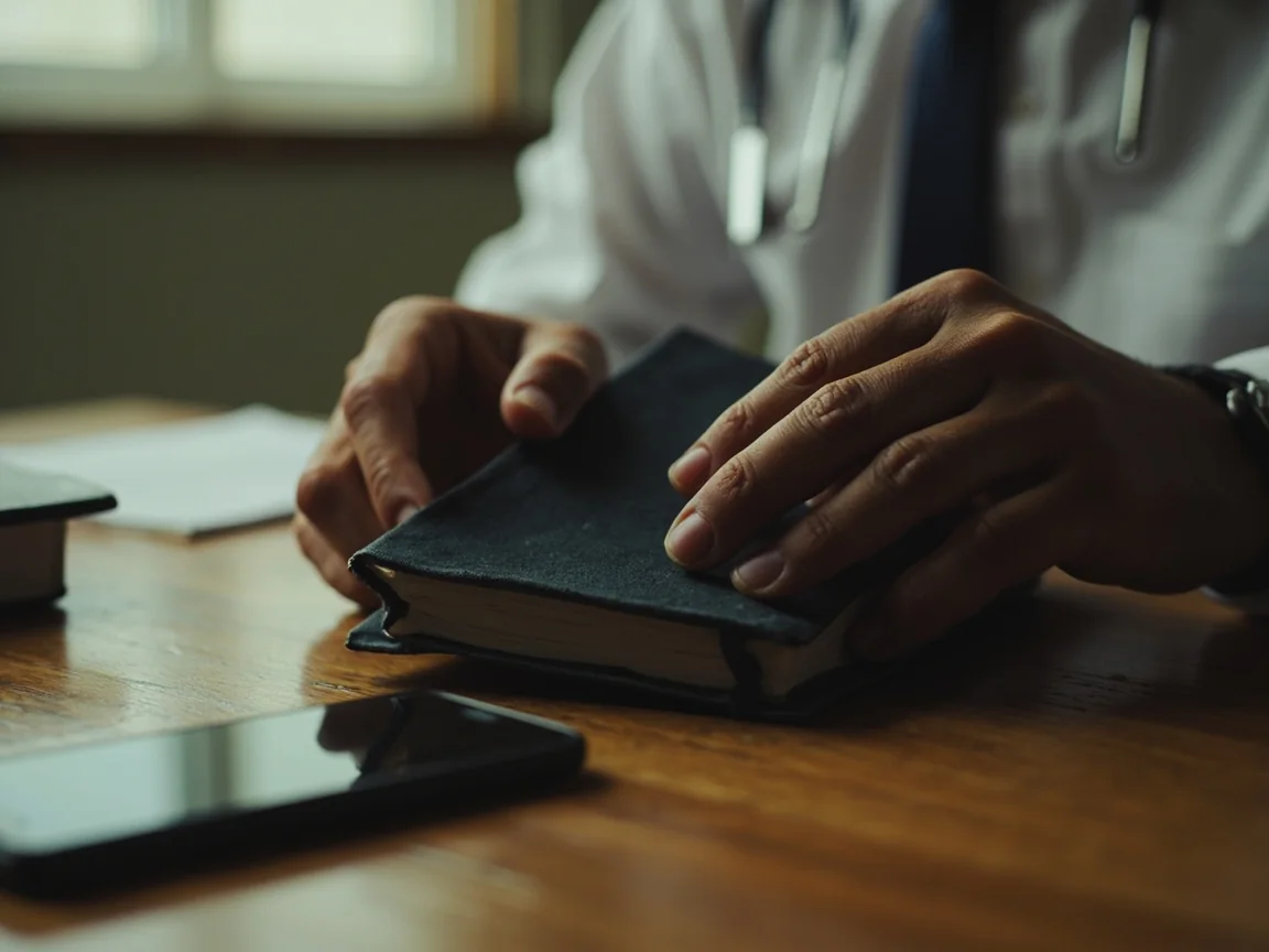 Covered documents on a teak desk before any camera opens