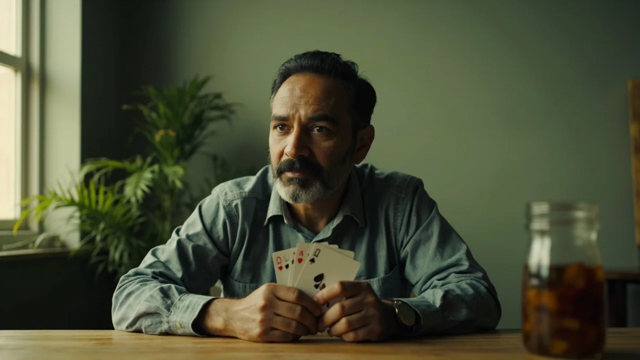 Player in profile considering a held rummy hand