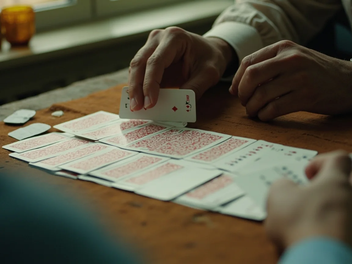 Hands closing a finished facedown rummy layout